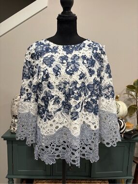 Chico's Navy and White Floral Lace Blouse